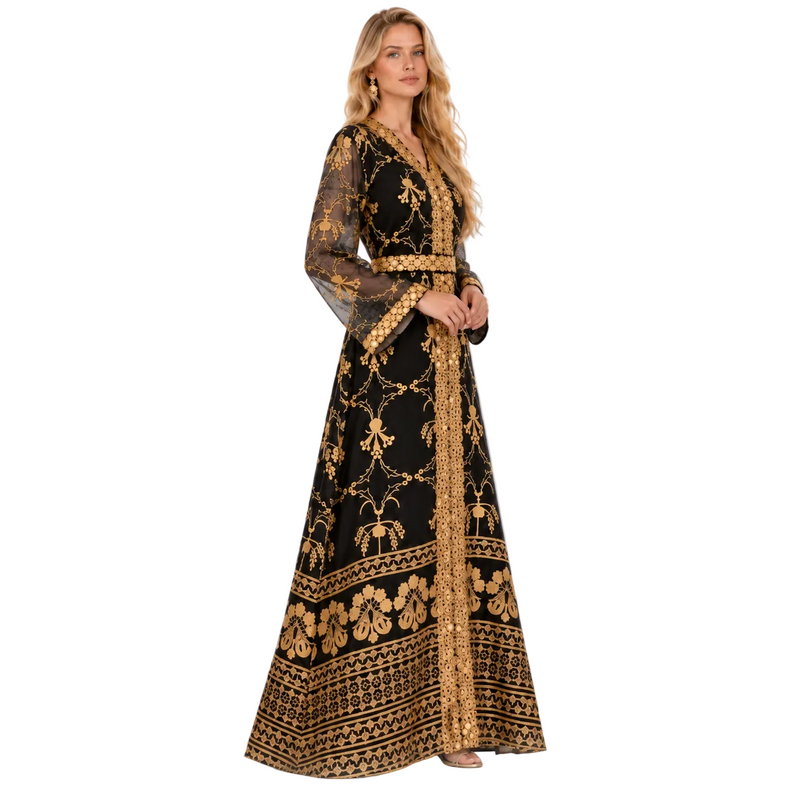 Black Gold Embroidered Elegant Gamis Dress-3