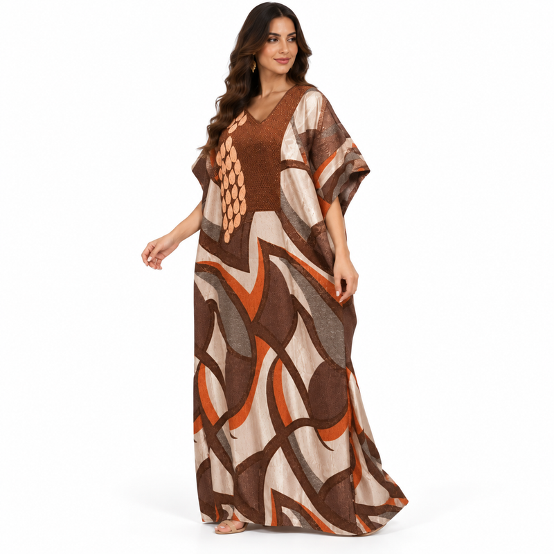 Brown Rust Abstract Print Flowing Kaftan-3