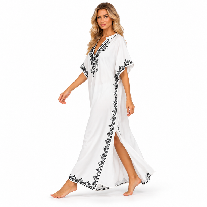 Elegant White Black Embroidered Modern Kaftan-2
