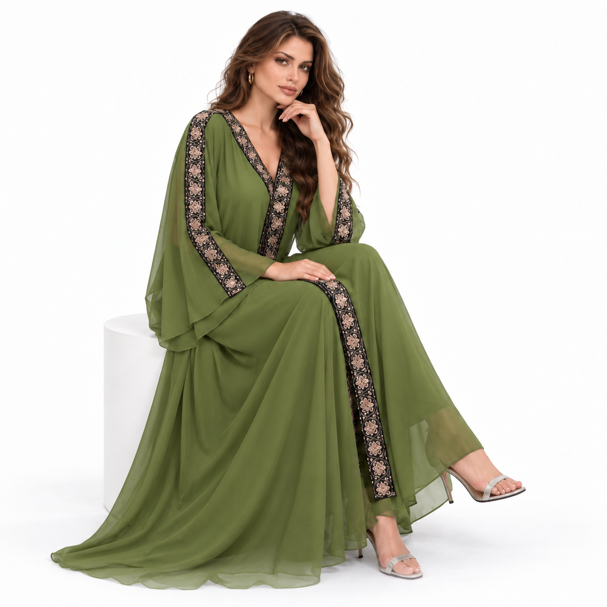 Green Embroidered Chiffon Hooded Kaftan Dress-3