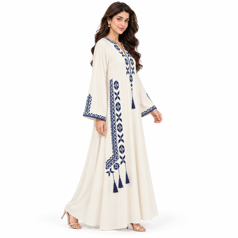 Milky White Embroidered Pakistani Kaftan Dress-2