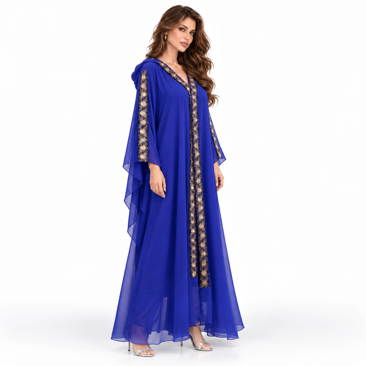 Elegant Royal Blue Embroidered Hooded Kaftan-2