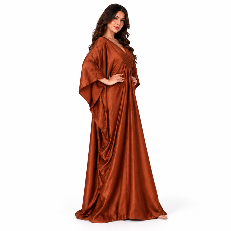 Elegant Brown Satin Batwing Maxi Kaftan-2