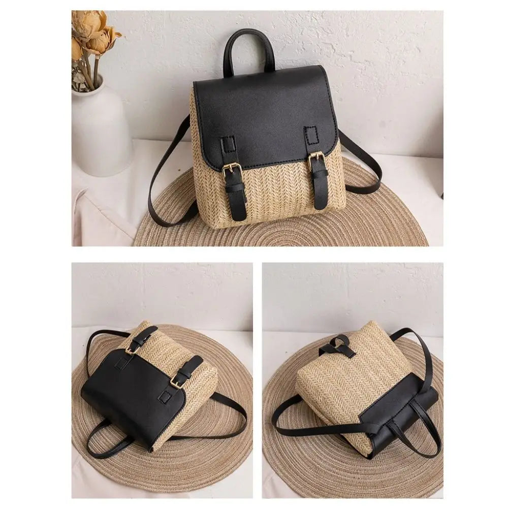 Fashion PU Leather Straw Backpack Retro Design Elegant Look Woven Backpack Luxury Vintage Style Satchel Bag All-match Style-8