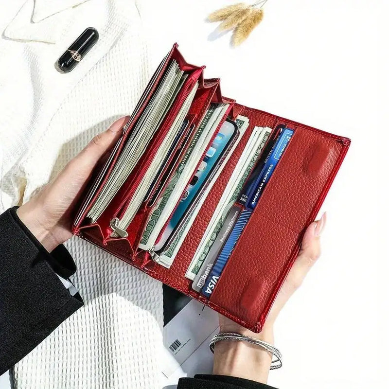New Shiny Leather Cowhide Wallet Women's Long Leather Money Clip Bag, Evening Bag-4