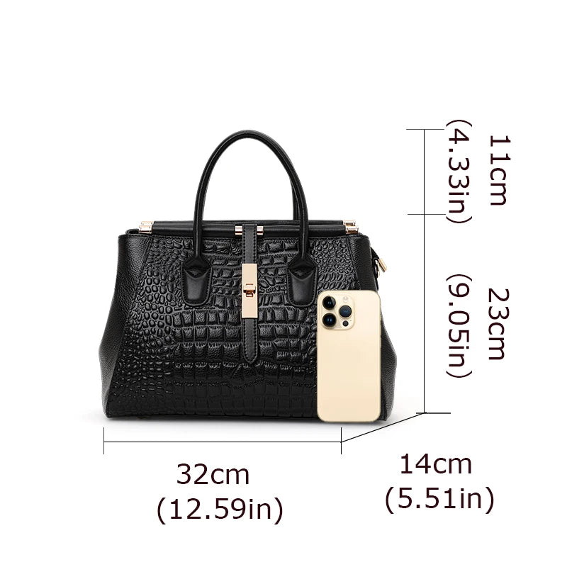Classic Black Croc Print Cow Leather Handbag Ladies Metal Twist Lock Tote Bag With Detachable Crossbody Shoulder Strap-6