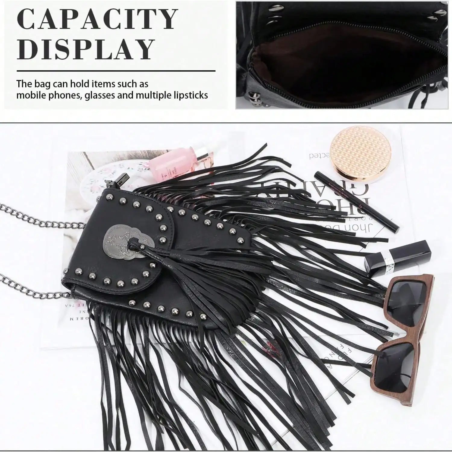 Gothic Punk Leather Skull Fringe Purses for Women Black Tassel Shoulder Crossbody Bag Unique Handbag with Skull Detailing-9