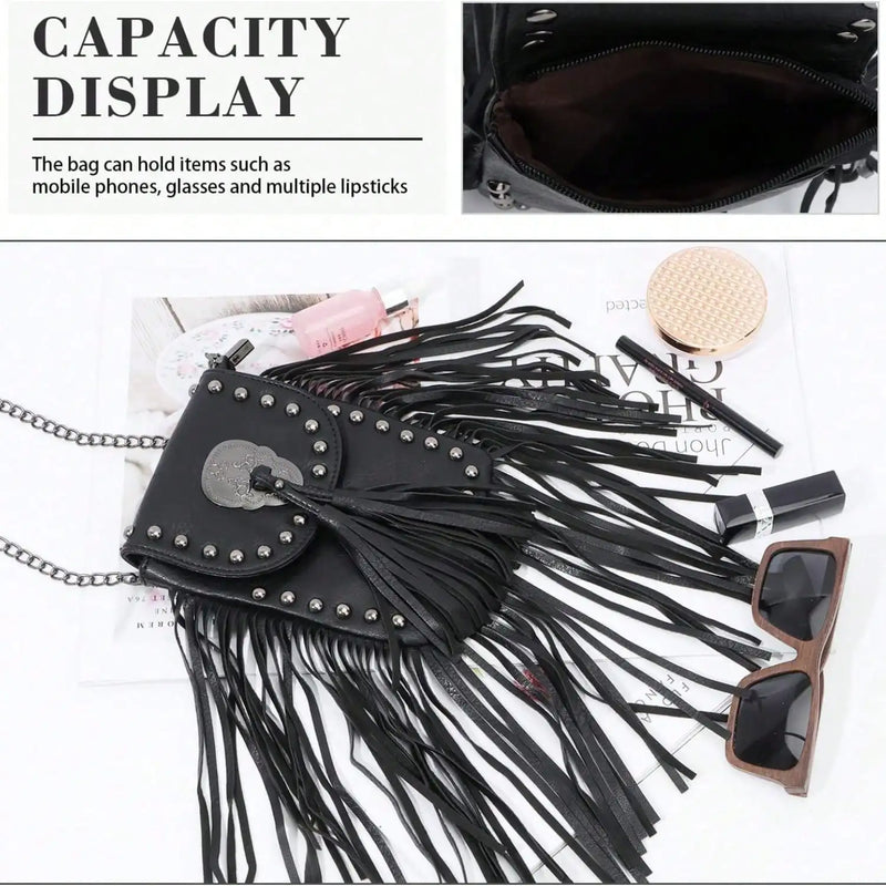 Gothic Punk Leather Skull Fringe Purses for Women Black Tassel Shoulder Crossbody Bag Unique Handbag with Skull Detailing-9