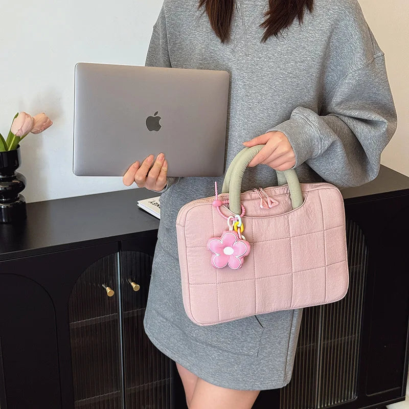 Cute Decor Laptop Handbag 11-15 Inch Notebook Sleeve Student Daily Floral Pendant Solid Color Storage Pouch