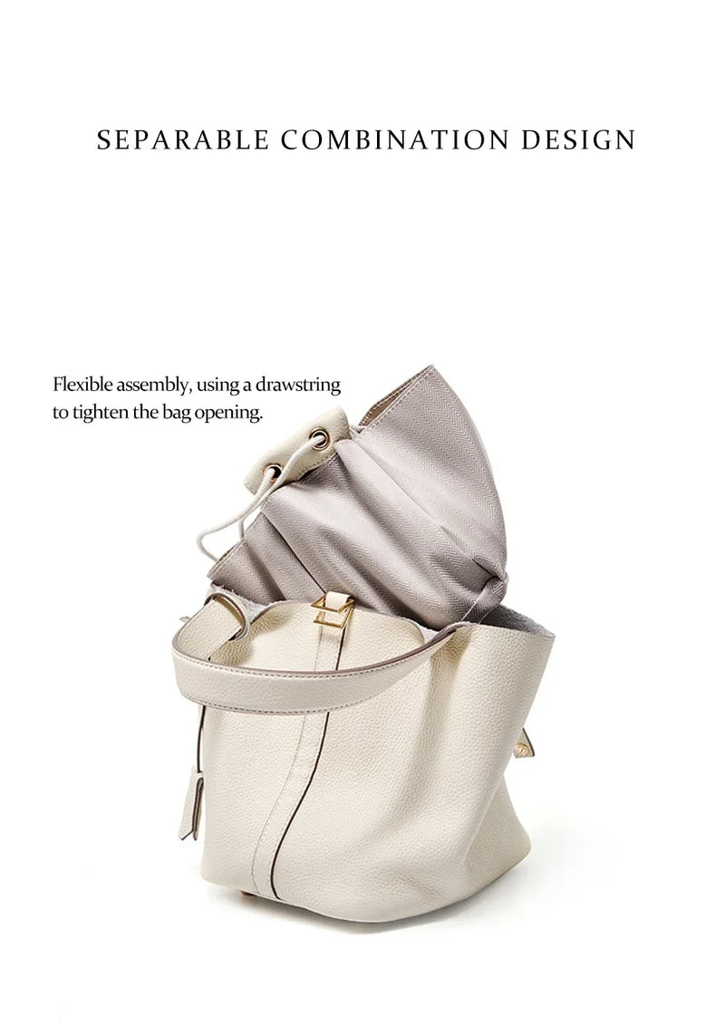 2025 Casual Fashion Female Genuine Leather Bucket Bag Luxury Handbag High-End Tote Bag Woman Cow Leather Mommy Bag & Metal Lock-11