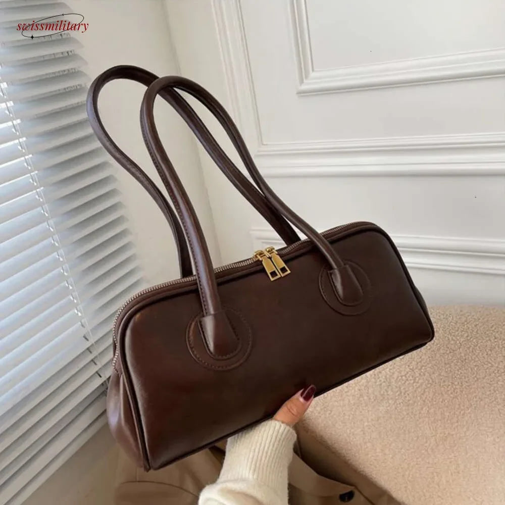 2025 New Boston Pillow Tote Women Real Leather Retro Bowling Bag Designer Handbag Large Capacity Crossbody Bags #54-33