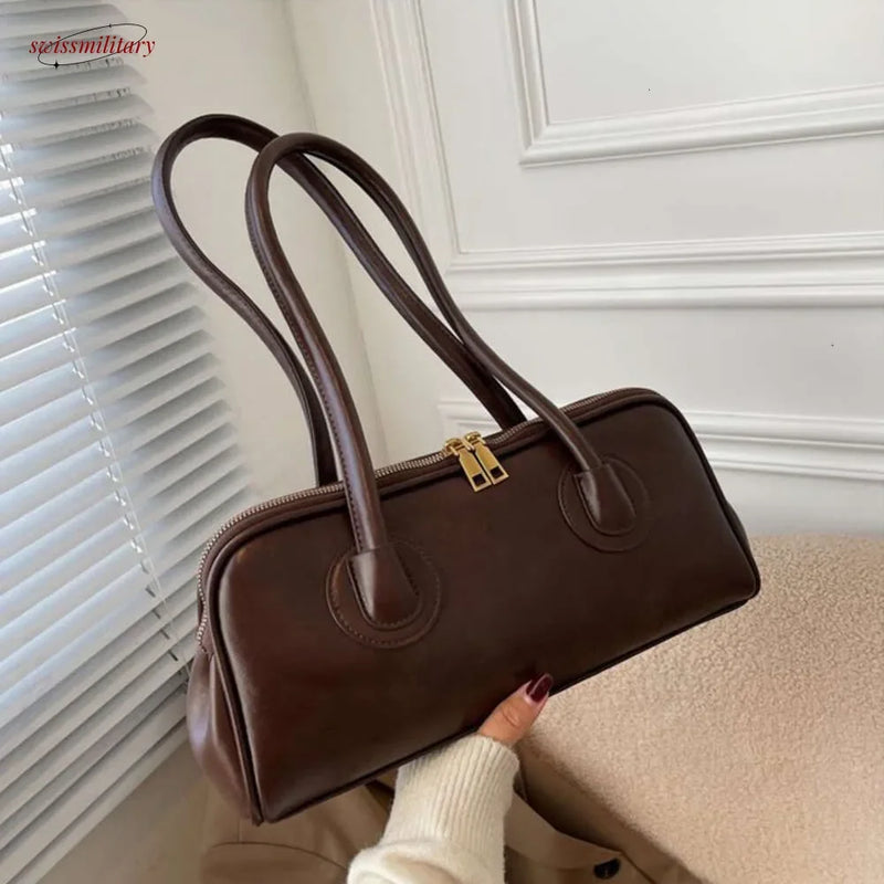 2025 New Boston Pillow Tote Women Real Leather Retro Bowling Bag Designer Handbag Large Capacity Crossbody Bags #54-33