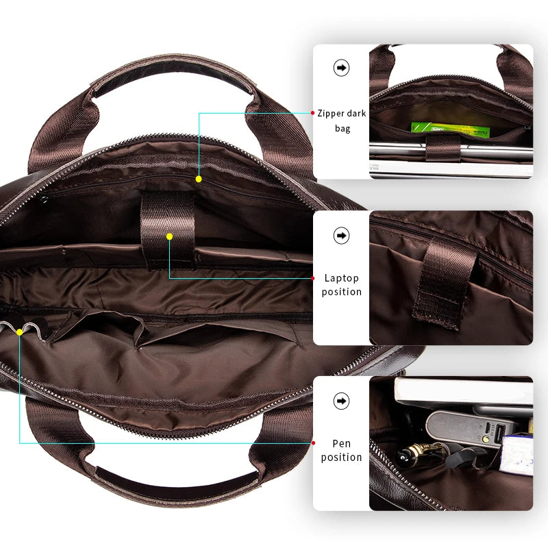 Genuine Leather Men Briefcase Double Front Pockets Large Capacity Laptop Bag Diagonal Cross Shoulder Handbag-5
