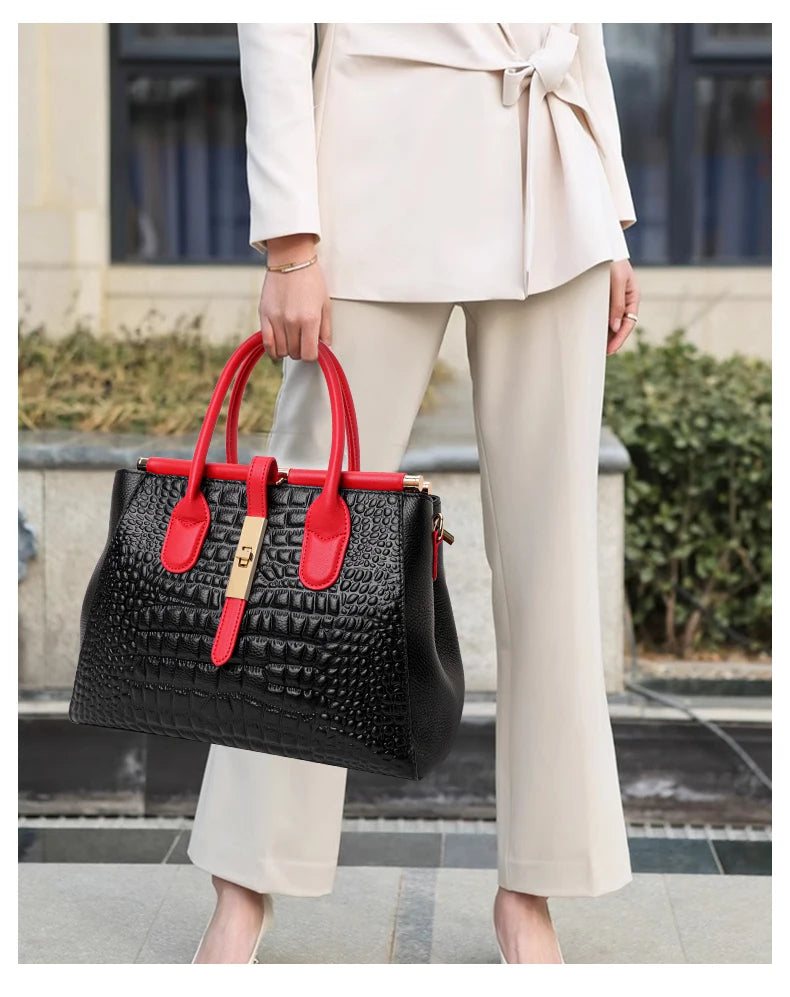 New Croc Texture Cowhide Tote Bag Women Red Contrast Handle Metal Lock Adjustable Crossbody Daily Handbag-7