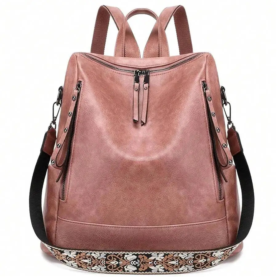Vegan Leather Backpack For Women With Rivet Decoration And Floral Pattern-1