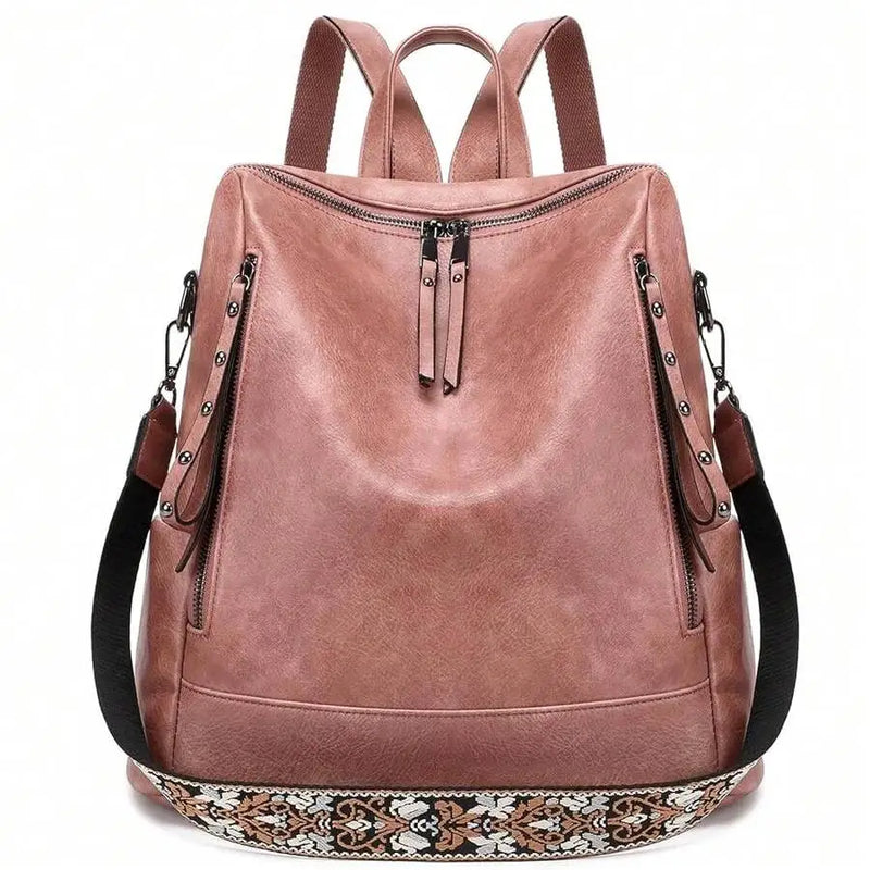 Vegan Leather Backpack For Women With Rivet Decoration And Floral Pattern-1