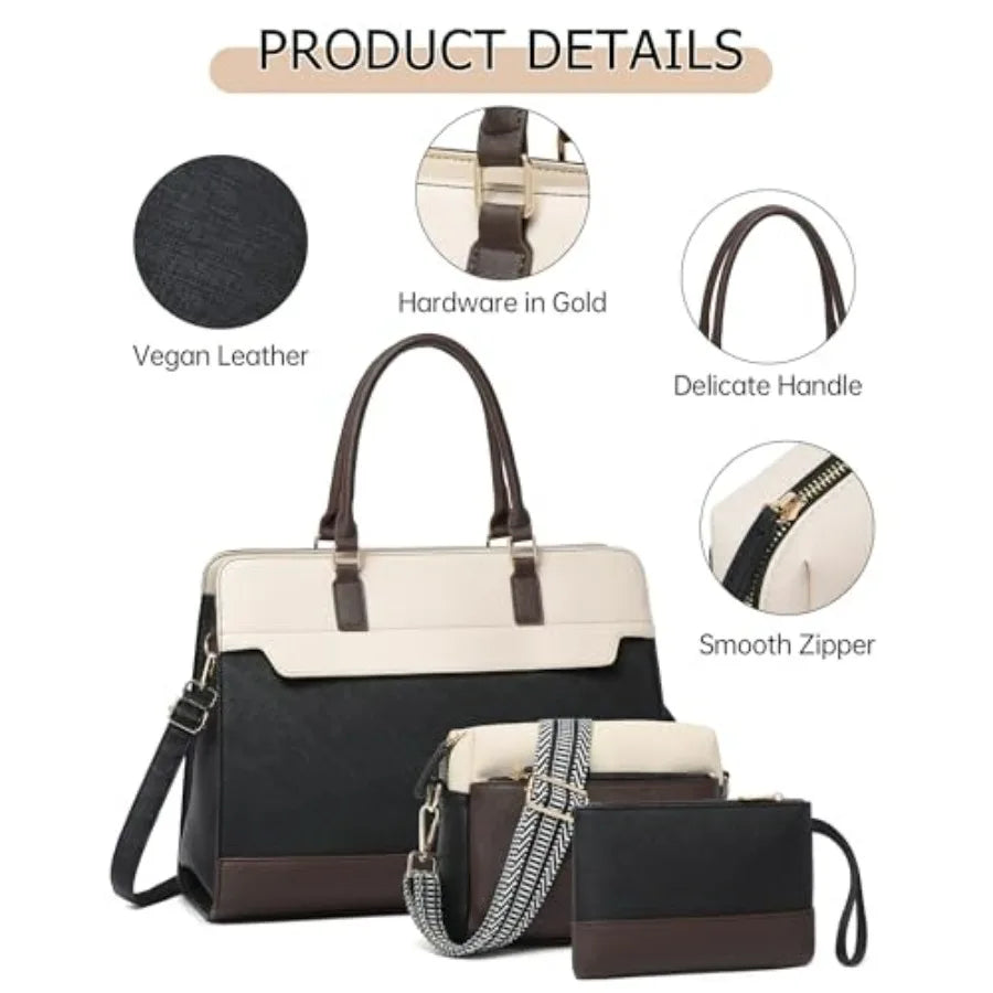 Laptop Bag for Women, 3PCS Vegan Leather Tote Bag for Work with 2 Straps, Teacher Purse Office Handbag Computer Briefcase-13