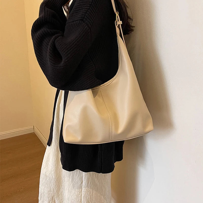 Women Hobo Bag Simple PU Leather Solid Shoulder Bag Fashion Large Capacity Tote Handbag Slouchy Underarm Bag-12