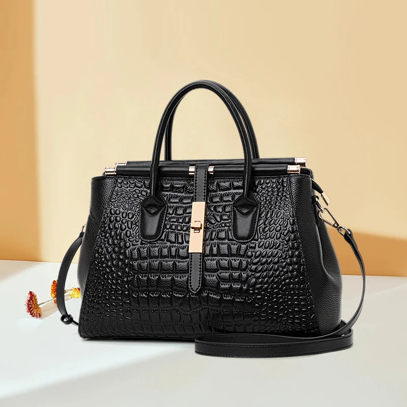 Classic Black Croc Print Cow Leather Handbag Ladies Metal Twist Lock Tote Bag With Detachable Crossbody Shoulder Strap-1