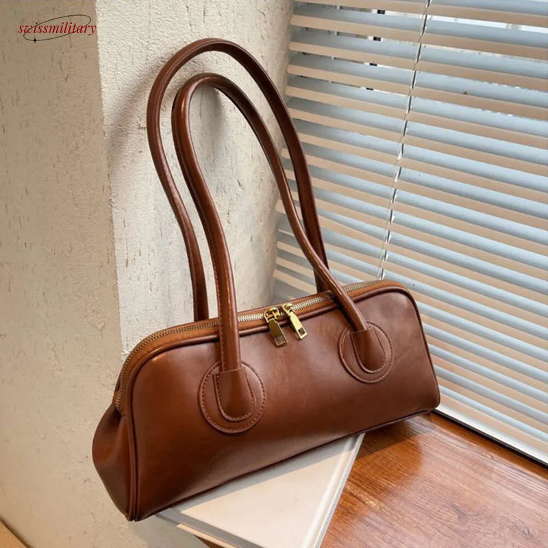 2025 New Boston Pillow Tote Women Real Leather Retro Bowling Bag Designer Handbag Large Capacity Crossbody Bags #54-1