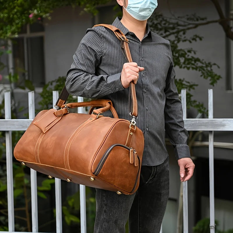 Crazy Horse Leather Real Leather Travel Bag Christmas Vacation Luggage Handbag Tote Bag Cowhide Real Leather with Shoe Compartment Travel Bag-19