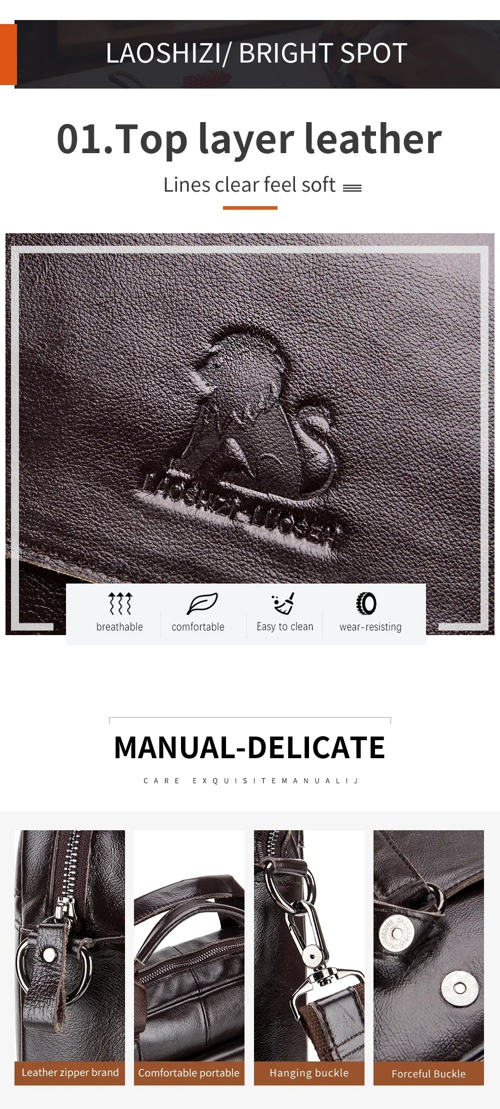 Genuine Leather Men Briefcase Double Front Pockets Large Capacity Laptop Bag Diagonal Cross Shoulder Handbag-9