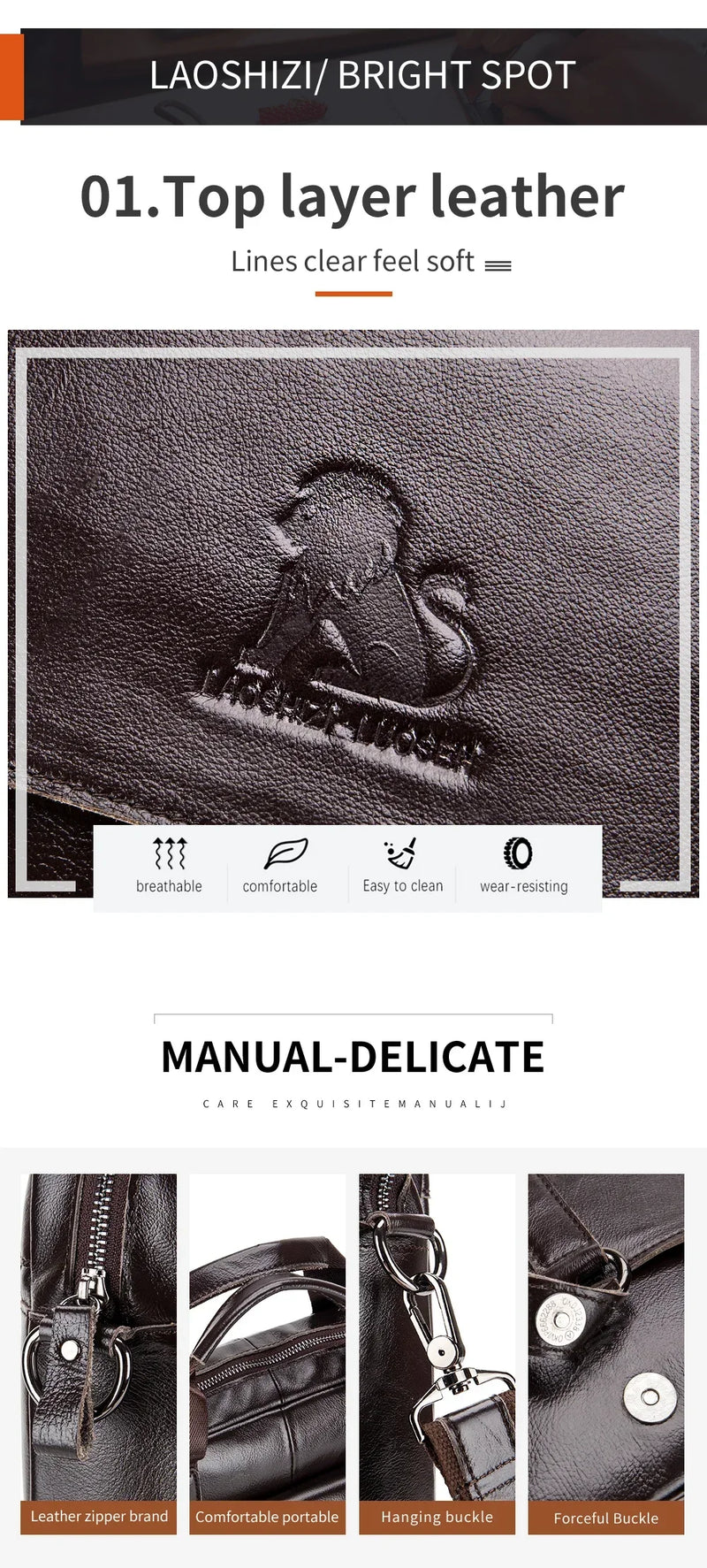 Genuine Leather Men Briefcase Double Front Pockets Large Capacity Laptop Bag Diagonal Cross Shoulder Handbag-9