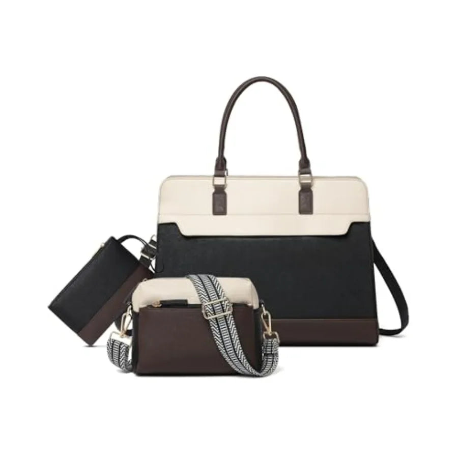 Laptop Bag for Women, 3PCS Vegan Leather Tote Bag for Work with 2 Straps, Teacher Purse Office Handbag Computer Briefcase
