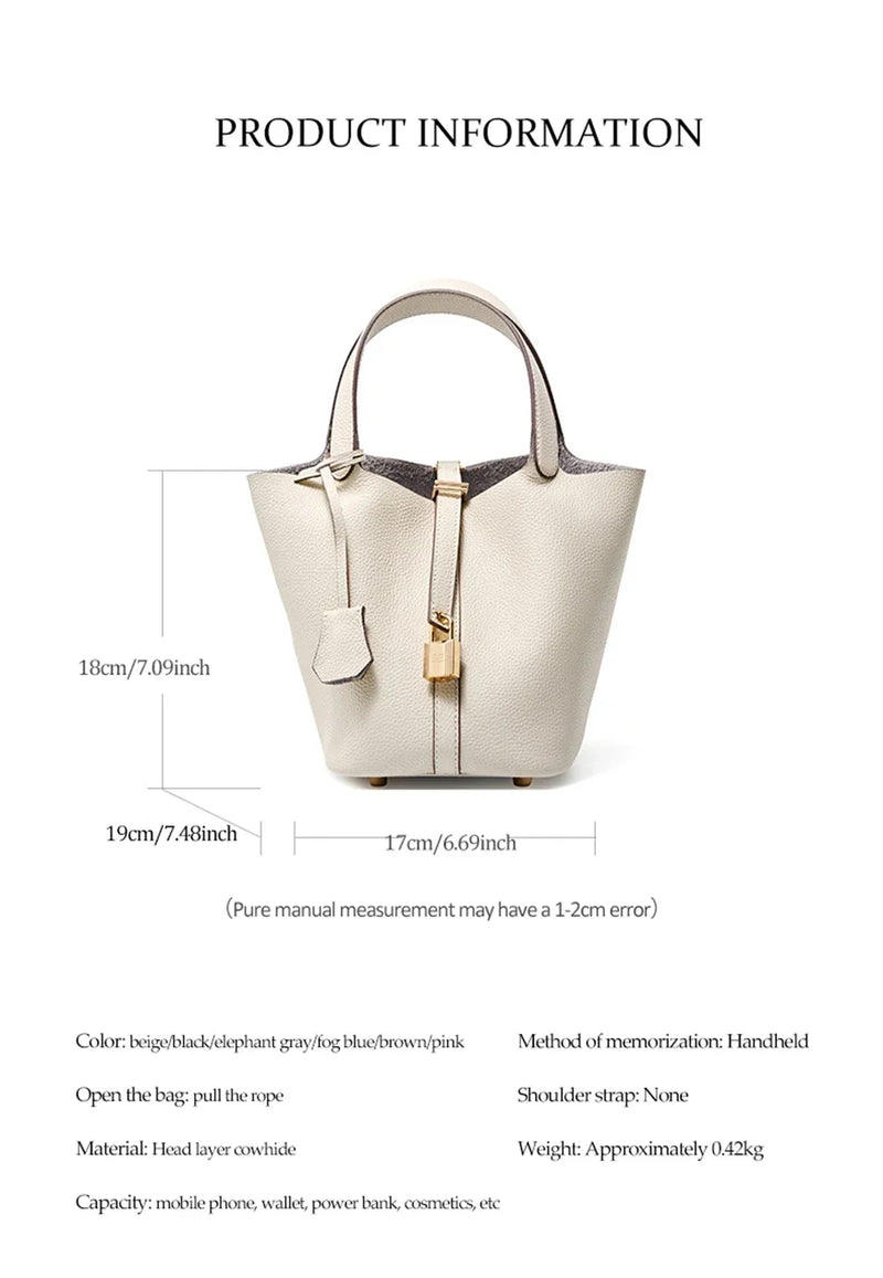 2025 Casual Fashion Female Genuine Leather Bucket Bag Luxury Handbag High-End Tote Bag Woman Cow Leather Mommy Bag & Metal Lock-9