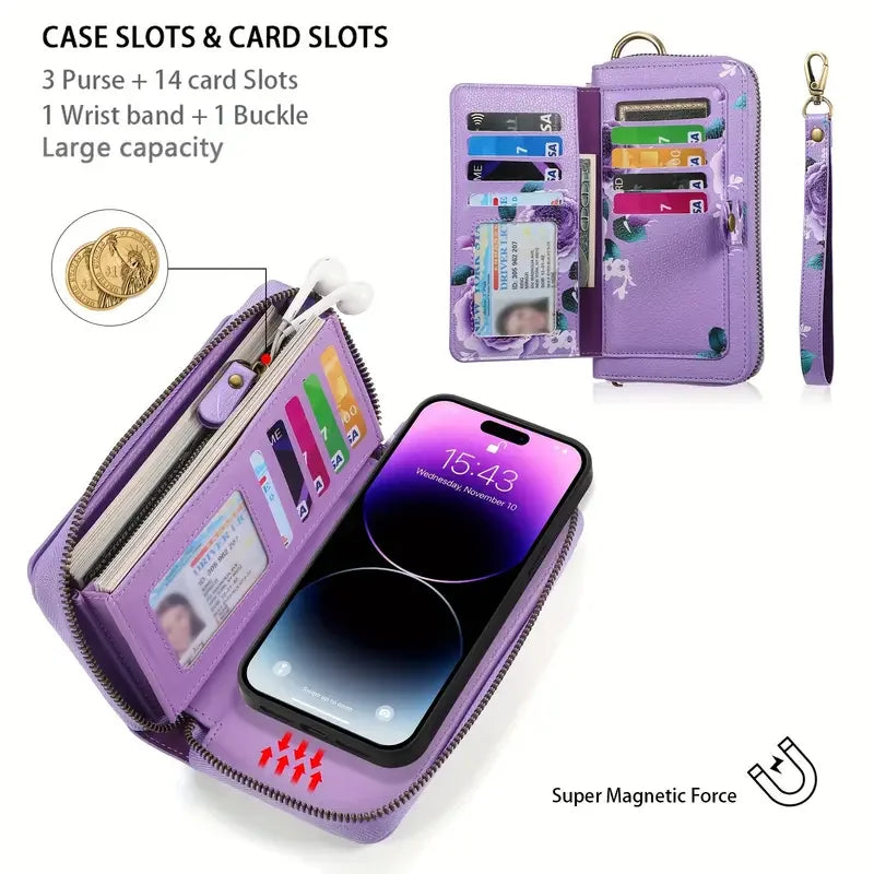 Elegant Floral PU Leather Clutch Wallets for Women- Zipper Handbag Fashion Large Capacity Long Wallet Clutch Bag Phone Bag Multi-card Card Holder Coin Purse for Women Wallet Set Includes bow accessory-5