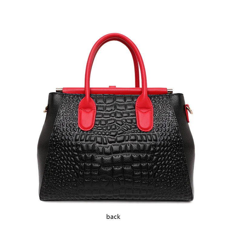 New Croc Texture Cowhide Tote Bag Women Red Contrast Handle Metal Lock Adjustable Crossbody Daily Handbag-18