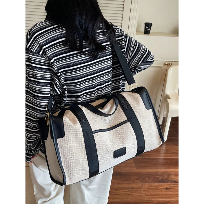 Large Duffel Bag Travel Contrast Color Boston Shoulder Bag Black Brown Beige for Luggage Suitcase-10
