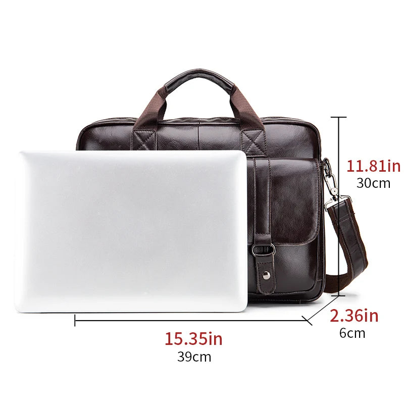 Genuine Leather Men Briefcase Double Front Pockets Large Capacity Laptop Bag Diagonal Cross Shoulder Handbag-4