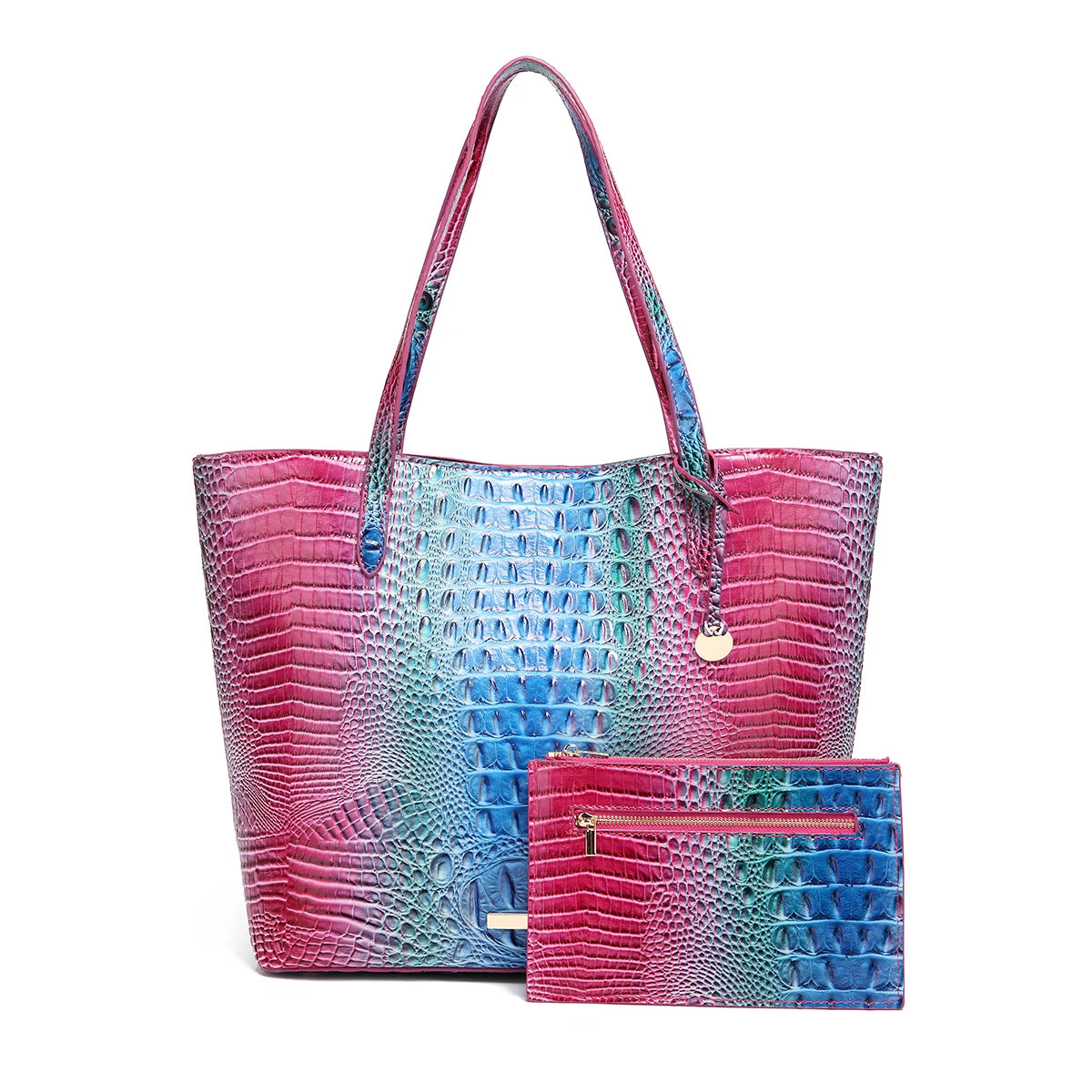 Glossy Croc Embossed Tote Bag with Detachable Wristlet Set, Large Capacity Shoulder Tote for Work Travel Beach Outdoor Activitie-16