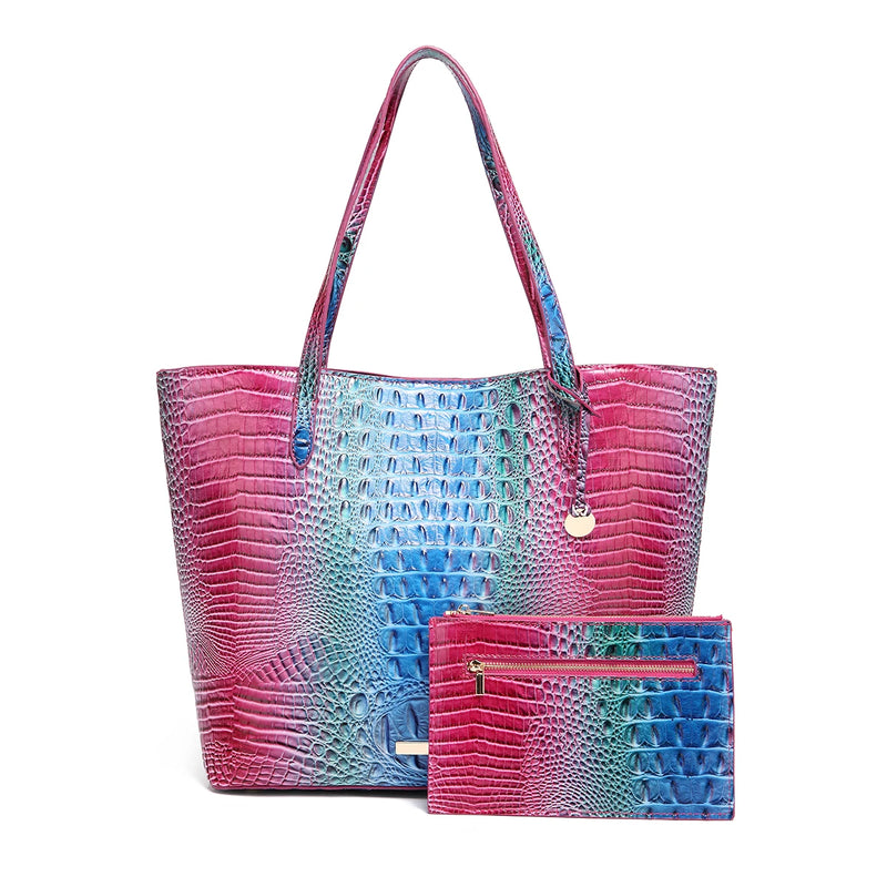 Glossy Croc Embossed Tote Bag with Detachable Wristlet Set, Large Capacity Shoulder Tote for Work Travel Beach Outdoor Activitie-16
