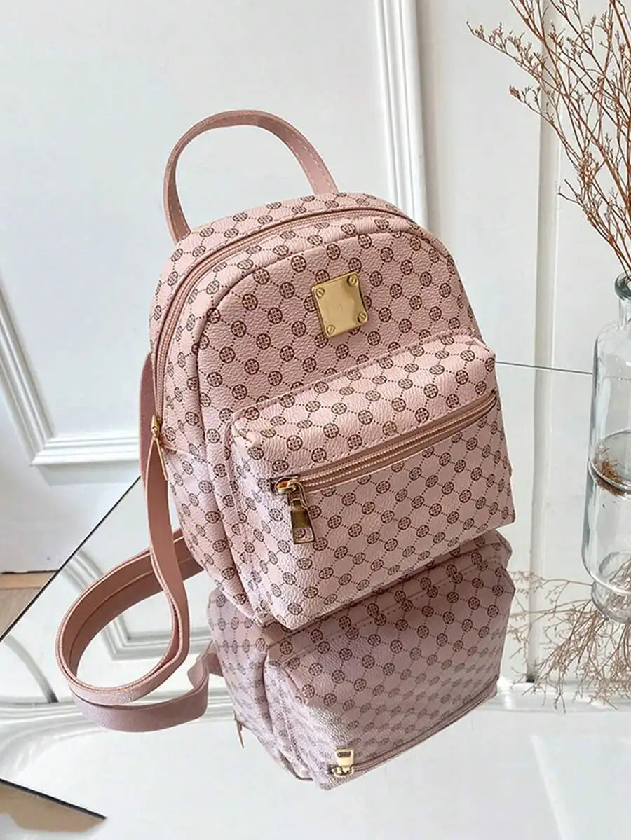 Womens Mini Printed Faux Leather Backpack With Adjustable Strap Casual Zipper Bag Pink-7