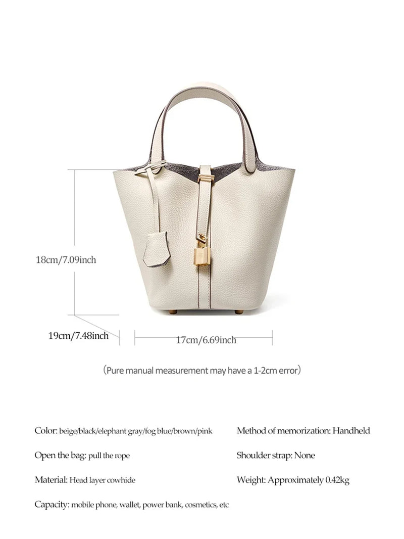 2025 Casual Fashion Female Genuine Leather Bucket Bag Luxury Handbag High-End Tote Bag Woman Cow Leather Mommy Bag & Metal Lock-4