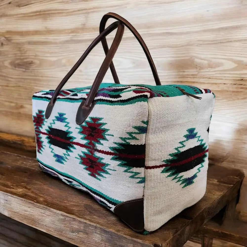 Large Southwestern Aztec Weekender Bag with Handwoven Leather Handles-2