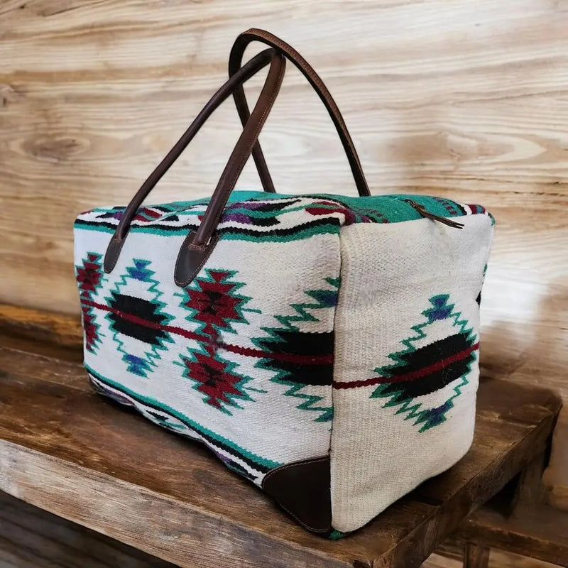Large Southwestern Aztec Weekender Bag with Handwoven Leather Handles-2