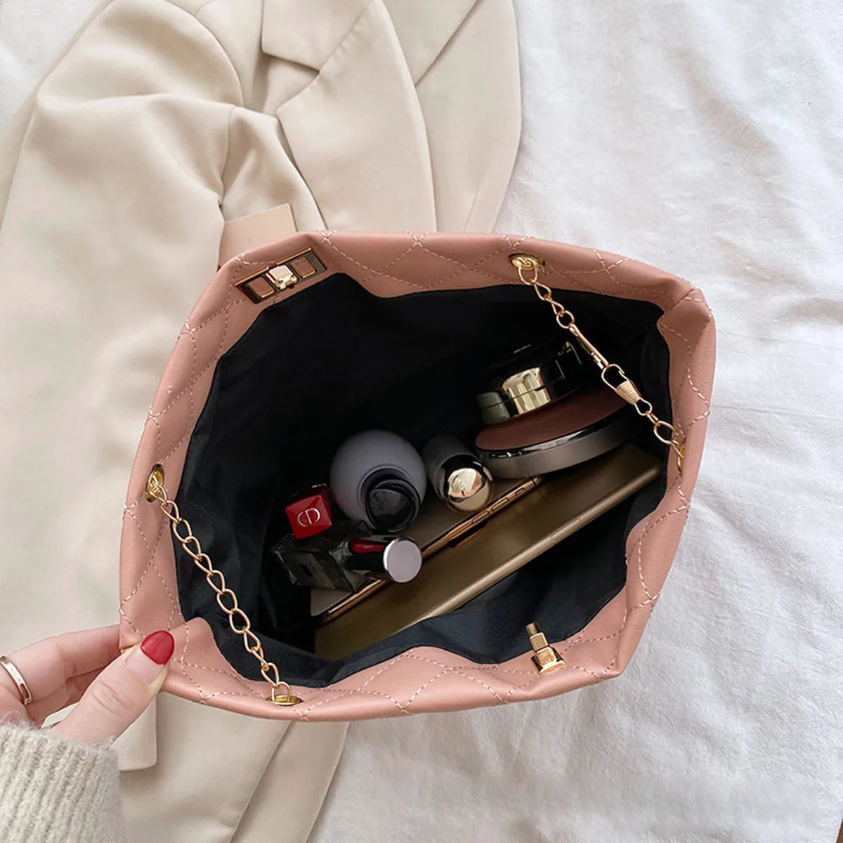 Tote Bags for Women PU Leather Diamond Lattice Handbag Personality Large Capacity Underarm Shoulder Bag Designer Bag-3