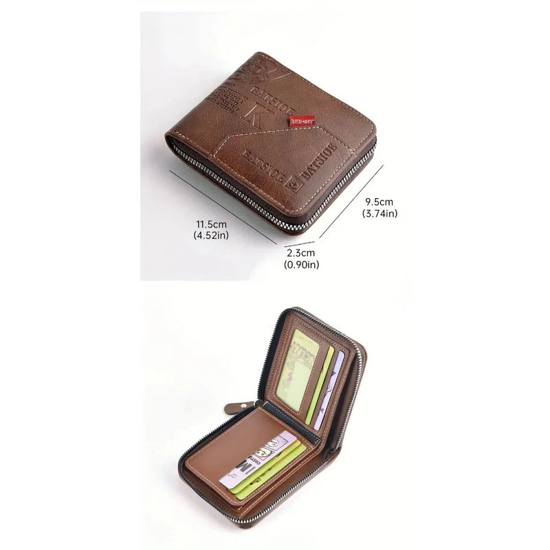 Men's Trendy Splicing Fashion PU Retro Wax Oil Leather Short Style Wallet Coin Pocket Card Clip Retro Style Compact Money Holder-13