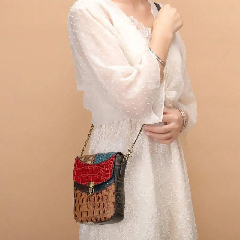 Genuine Leather Bag Female Niche New Ladies Crocodile Pattern Folk Style Shoulder Crossbody Personalized Casual Cowhide Splicing Chain Cell Phone Bag Commuter All Seasons-7