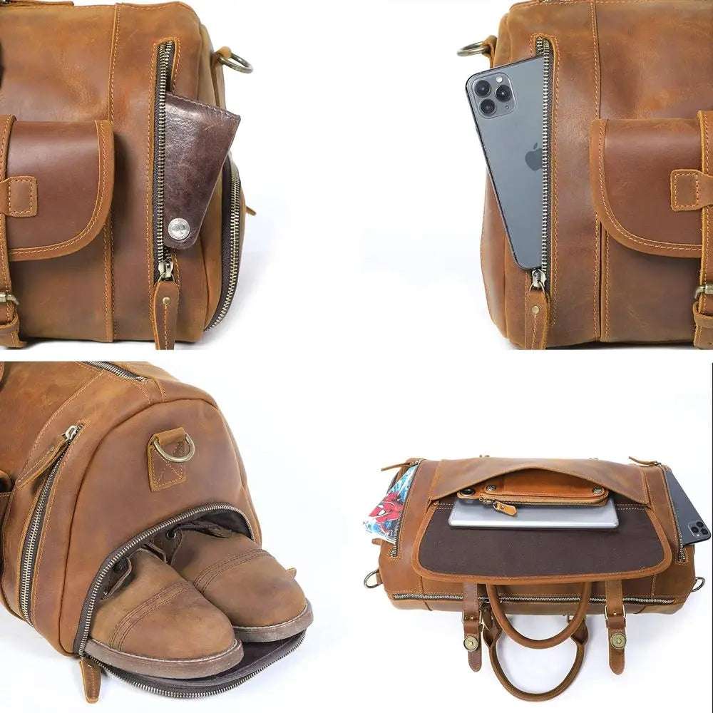 Light Brown Genuine Leather Weekender Bag for Men: Travel & Gym Duffle-4