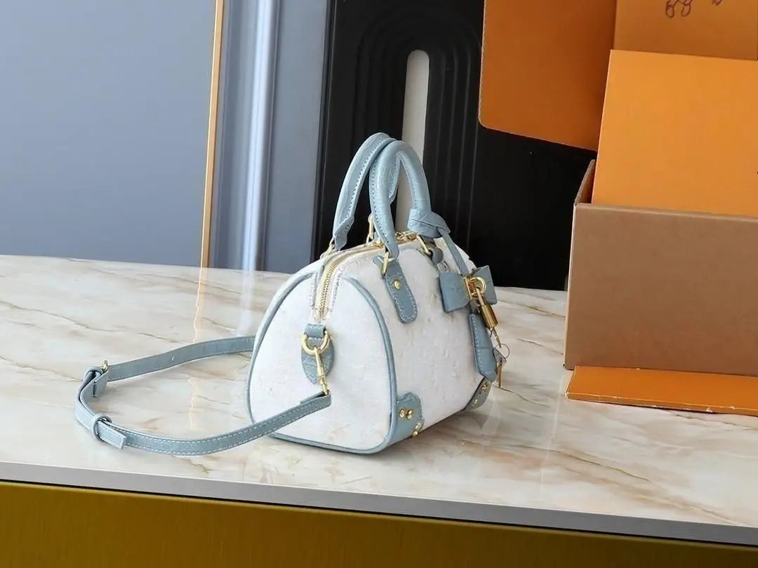 Two-Tone White Light Blue Croc Leather Mini Boston Bag, Bow Decor Gold Lock Key Rivet Detail Detachable Cross Strap Handbag.-4