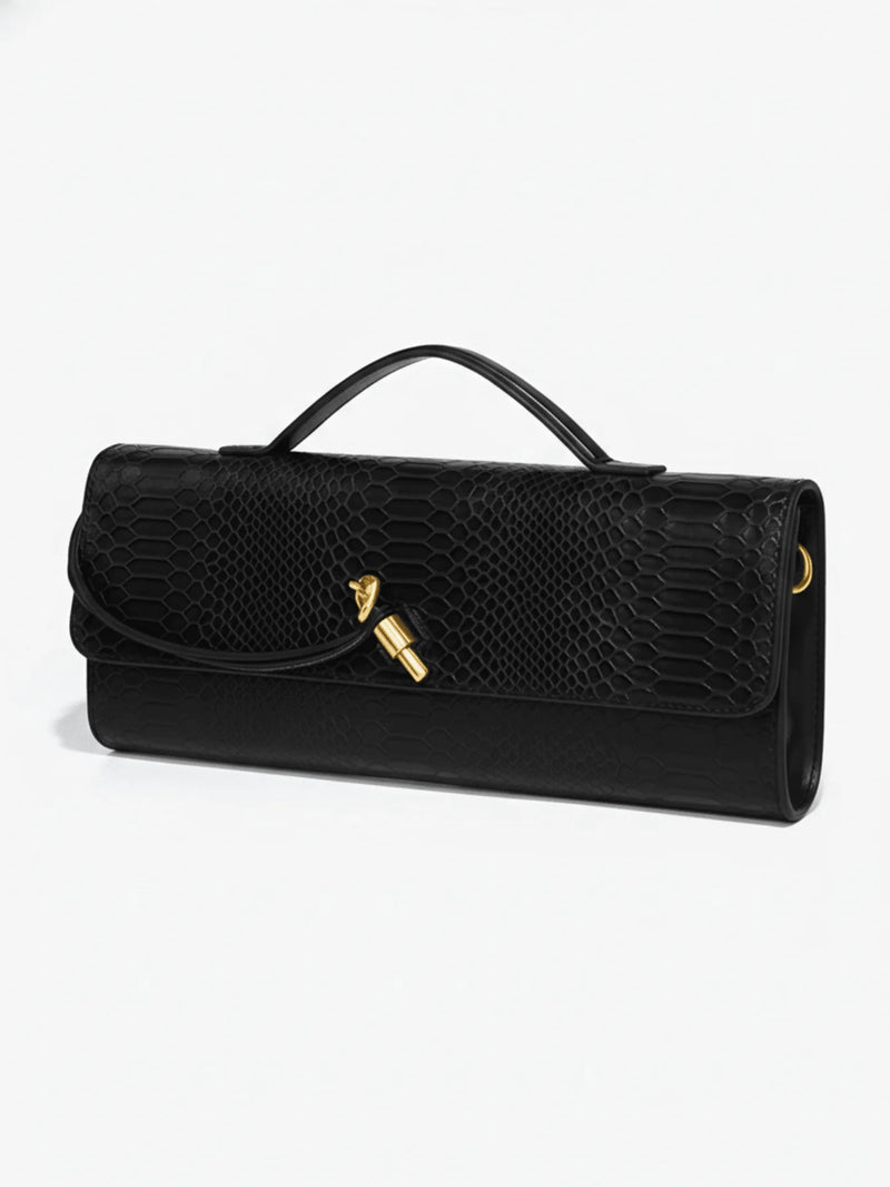 Elegant Top Handle Clutch Bag With Serpentine Pattern And Gold Tone Hardware-5