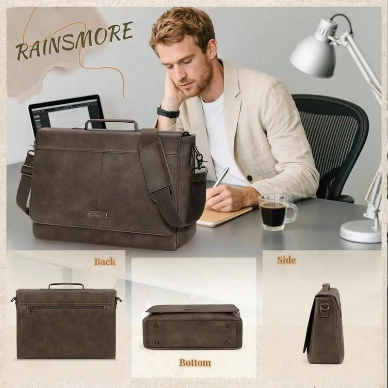 Vintage Flap Messenger Bag For Men PU Leather Laptop Bag 15.6 Inch Mens Briefcase Waterproof Satchel Computer Bag-11