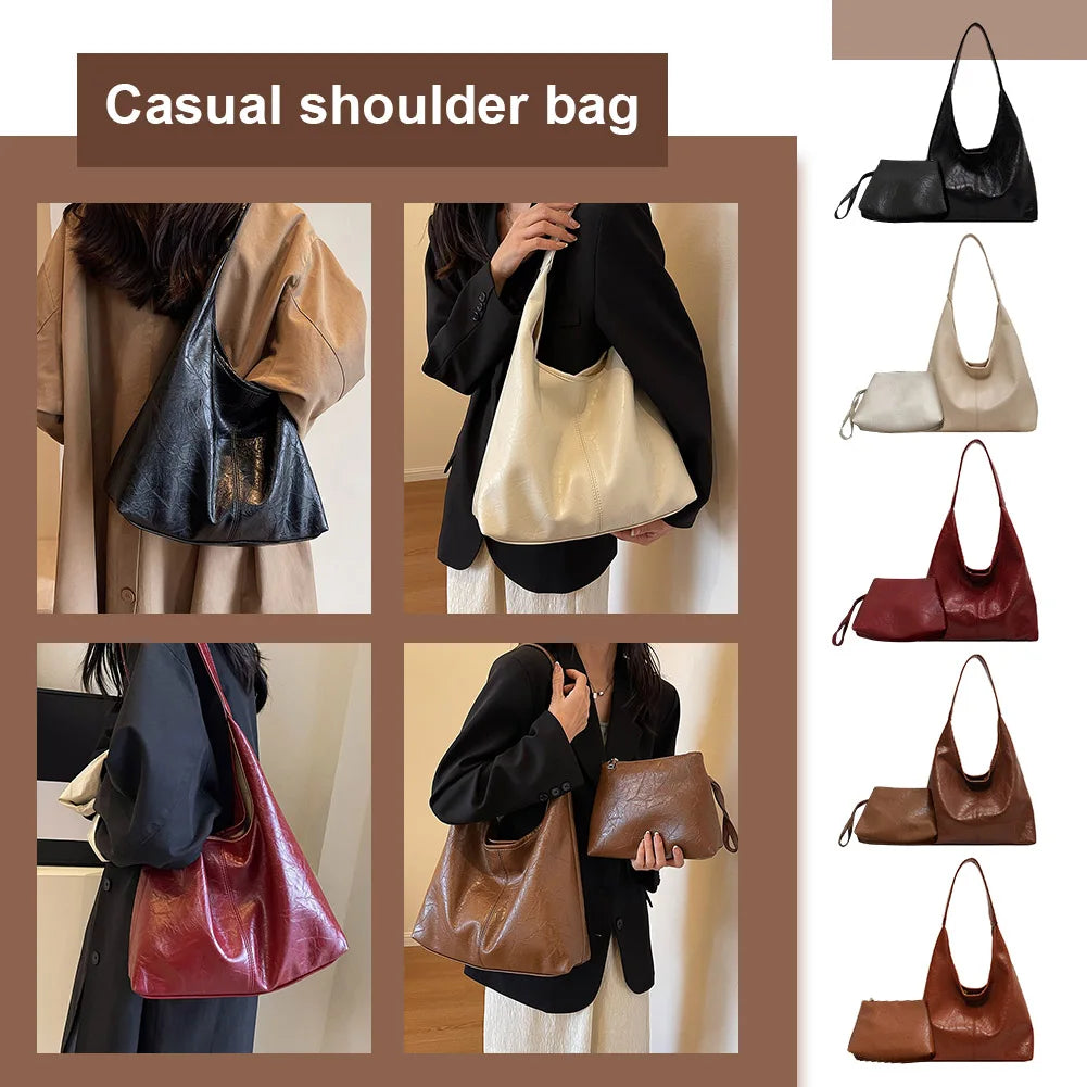 Women Leather Shoulder Bag Versatile Soft Underarm Bag Soft Hobo Bag and Clutch 2pcs Shoulder Bag and Handbag Set Shopping Bag-3
