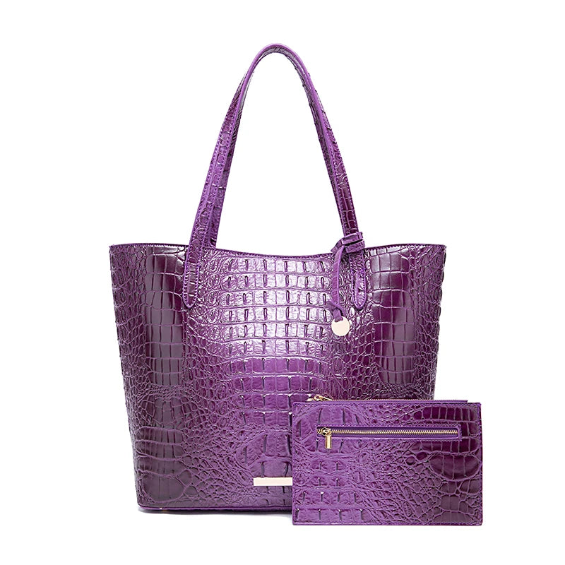 Glossy Croc Embossed Tote Bag with Detachable Wristlet Set, Large Capacity Shoulder Tote for Work Travel Beach Outdoor Activitie-23