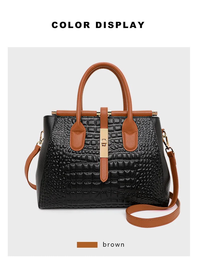 New Croc Texture Cowhide Tote Bag Women Red Contrast Handle Metal Lock Adjustable Crossbody Daily Handbag-10