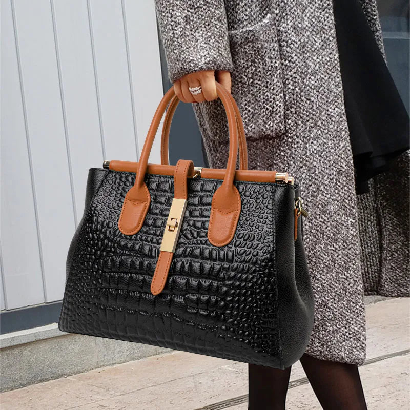 New Croc Pattern Cowhide Tote Bag Women Brown Contrast Handle Metal Lock Adjustable Crossbody Daily Handbag-3